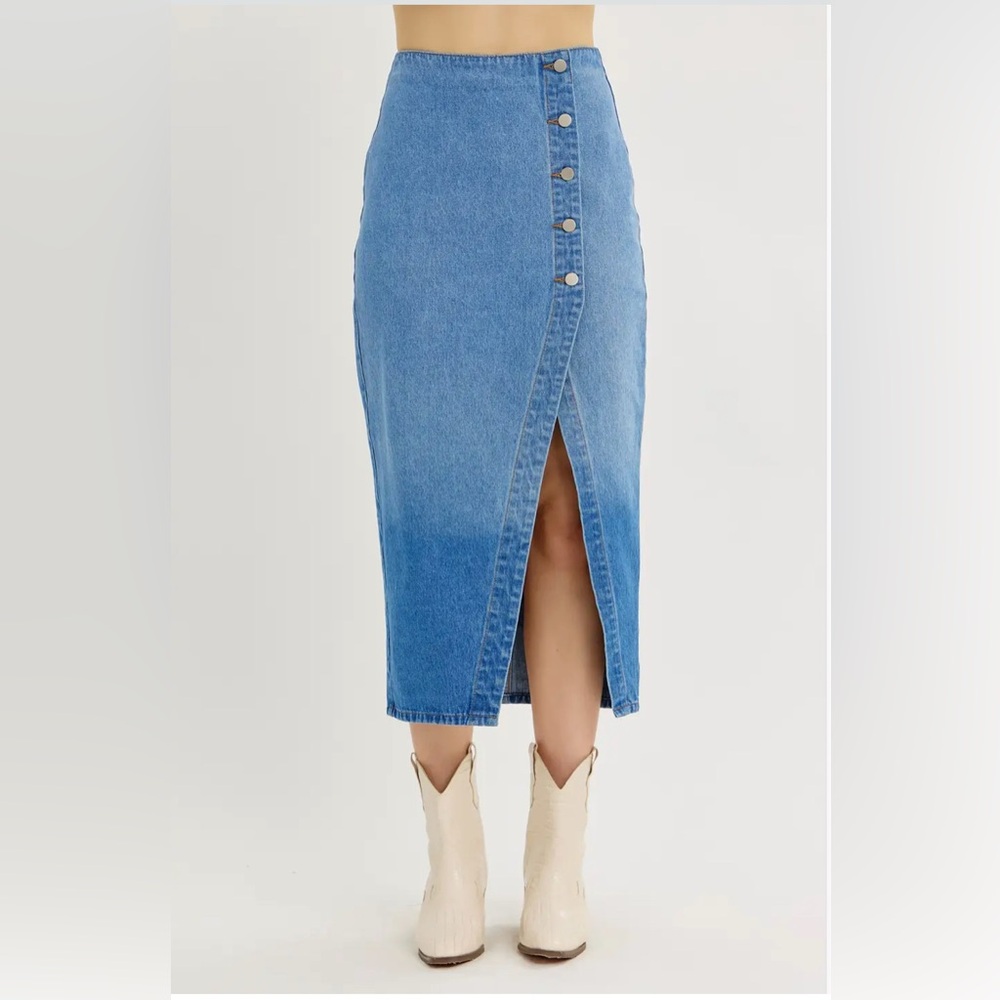 Denim Midi Skirt with Button Detail